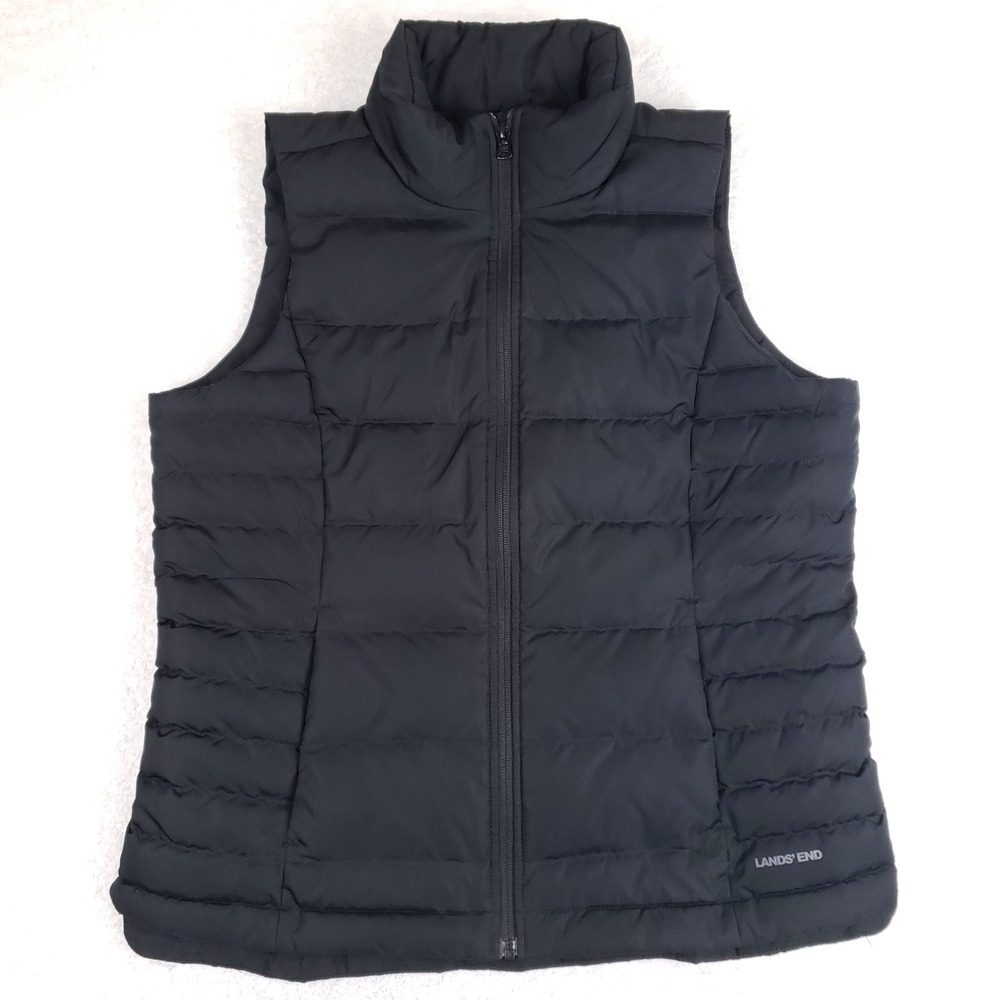 Lands End Womens Black Down Puffer Vest Size M 10-12 Quilted Full Zip Insulated